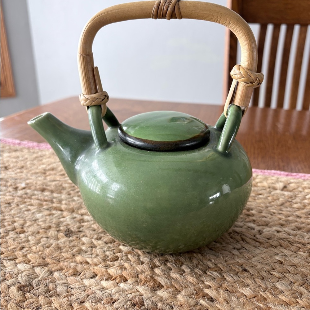 Vintage Green Ceramic Teapot with Bamboo Handle